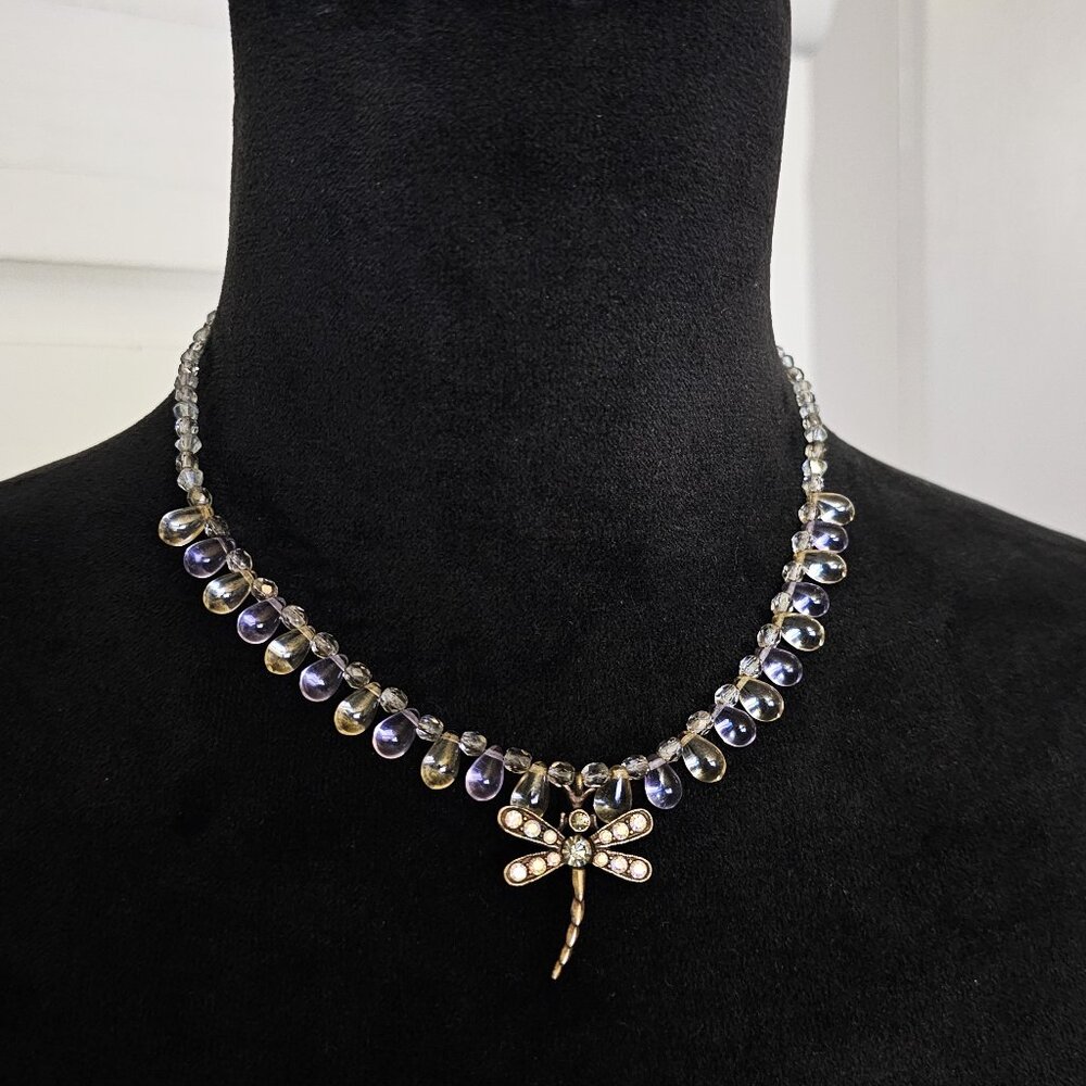 💜 Vintage “Kirks Folly” Brass Dragonfly  - Glass Teardrop AB Crystal Beads